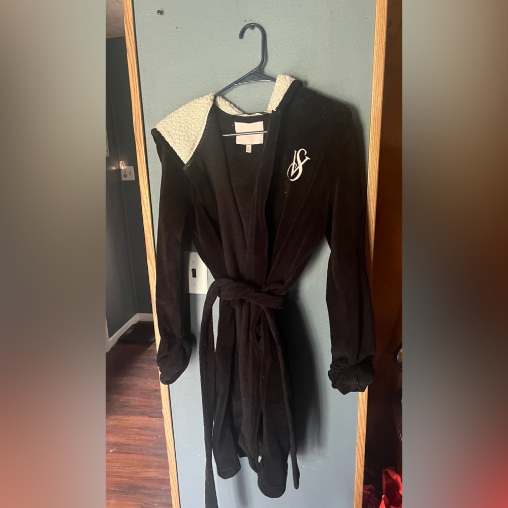 Victoria Secret Women’s Black Cozy Robe with hood black/white VS logo size S